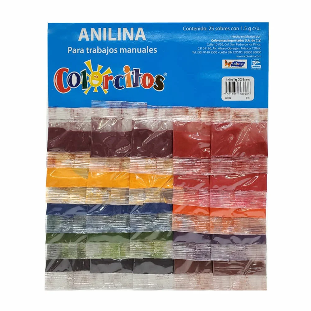 Planilla con 25 sobres de colorante vegetal anilina 1.5g, variedad de colores