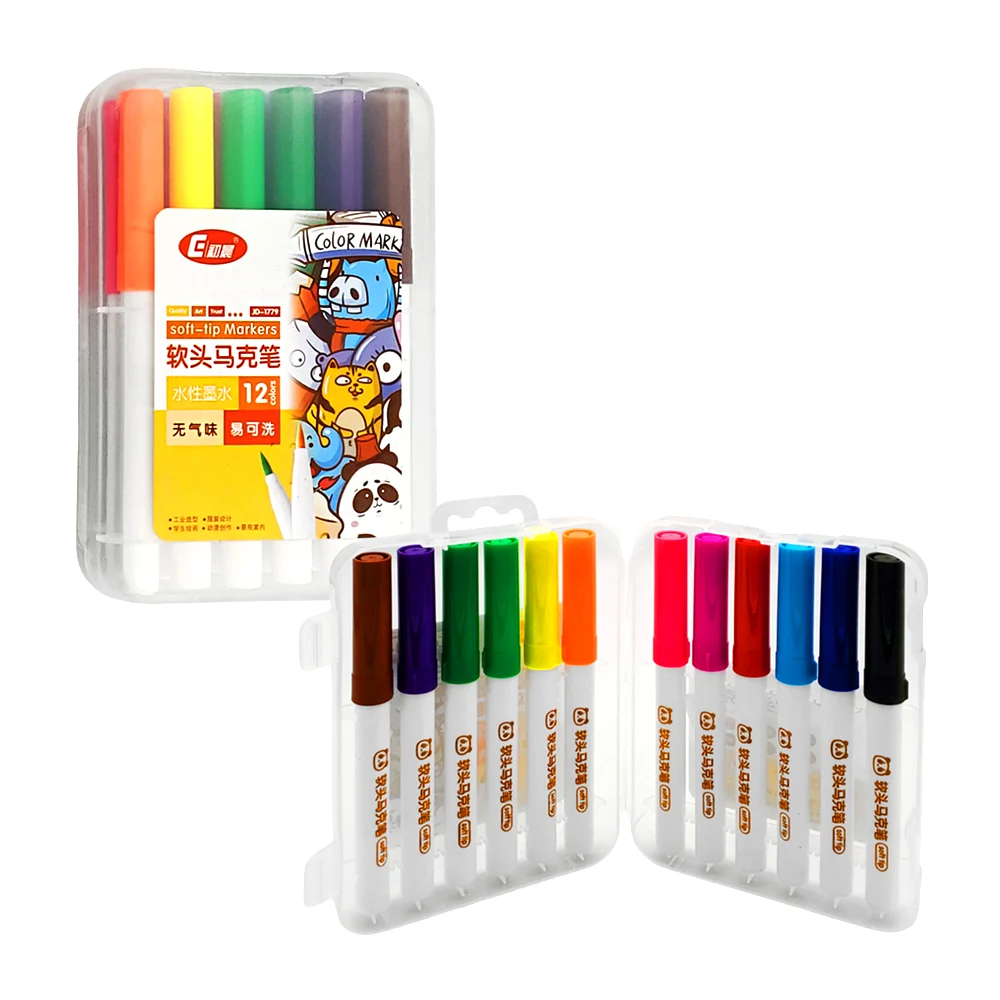 Estuche con 12 plumones de colores con punta suave a base de agua / soft-tip markers / 977912 / t48-67dw / jd-1779