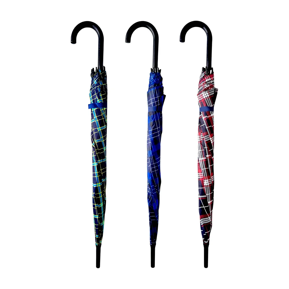 Paraguas mediano semi automático con mango curvo y estampado de cuadros estilo escocés, variedad de colores / 717-2