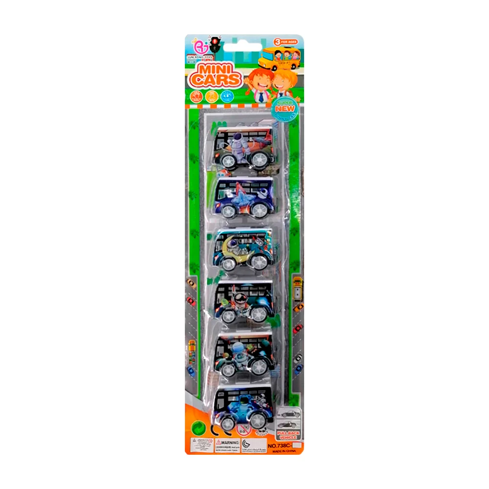Blíster 6 carritos tipo autobús escolar pequeño de juguete con diseño espacial, variedad de modelos / mini cars