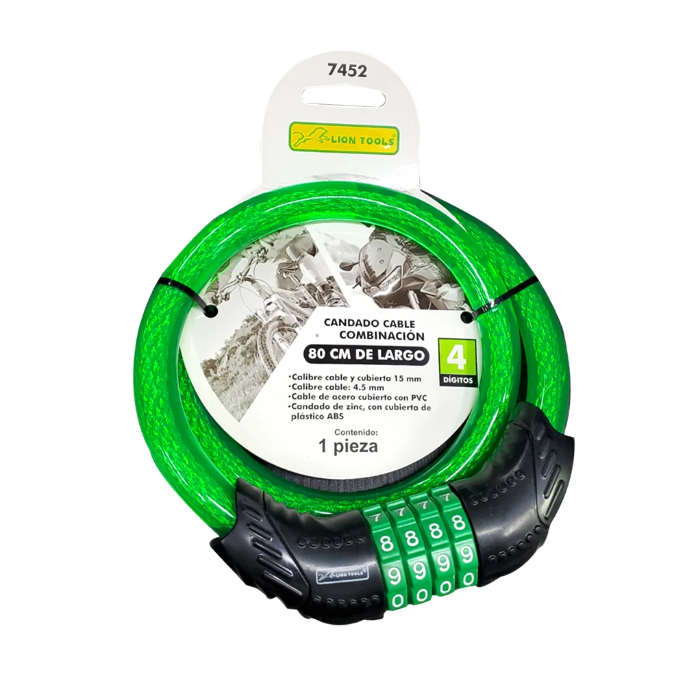 Candado para motocicleta o bicicleta con combinación de 4 dígitos, 80cm de largo y cable con cubierta pvc 15mm, variedad de colores / 7452