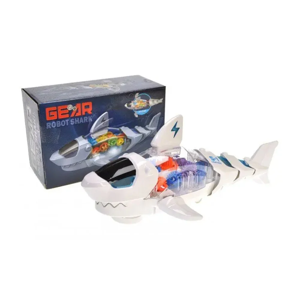 Juguete en forma de tiburón con movimiento, luz y sonido de pilas / gear robot shark / s-1