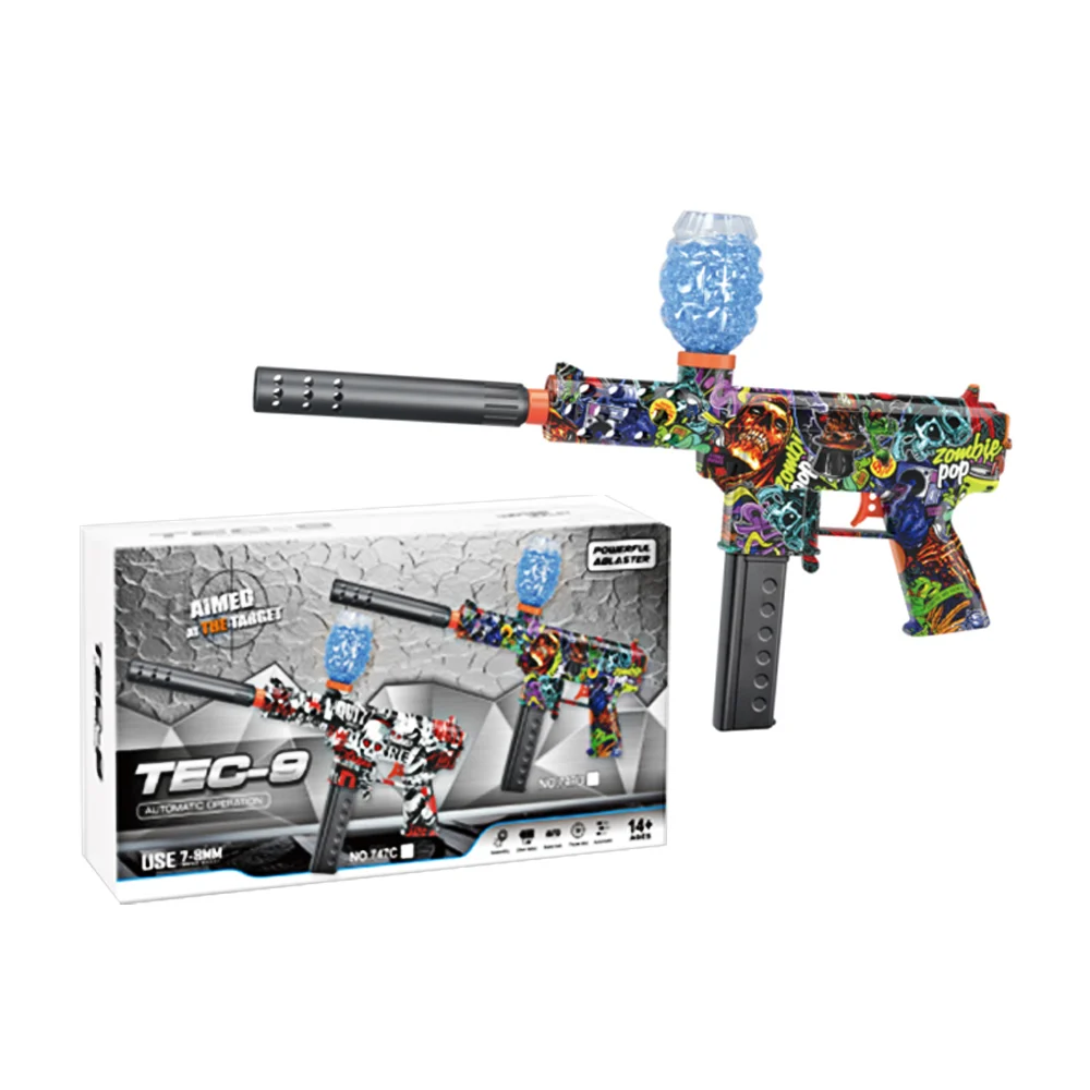Pistola de juguete tec-9 con balas de hidrogel 7-8mm con accesorios ensamblables, cargador y estampado grafiti con calaveras y serpientes / 747d