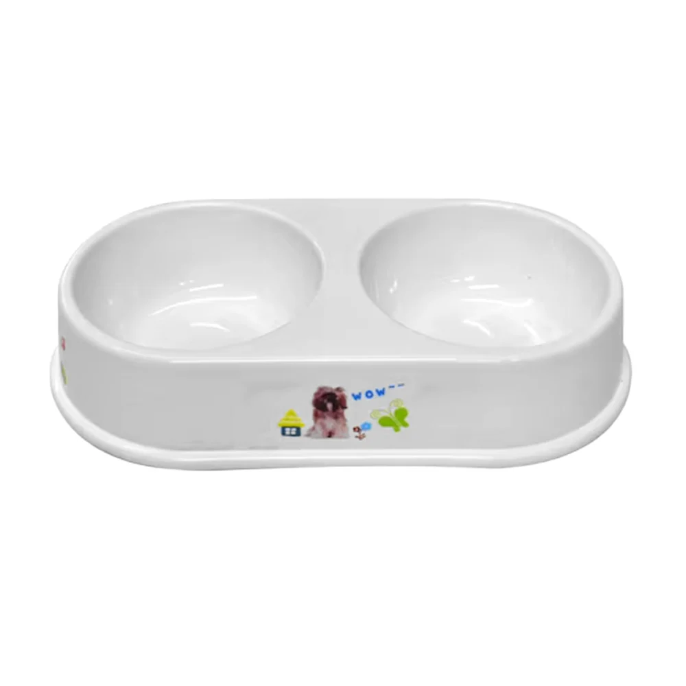 Plato doble de plástico para mascota con gomas antideslizantes y diseño animado de perros