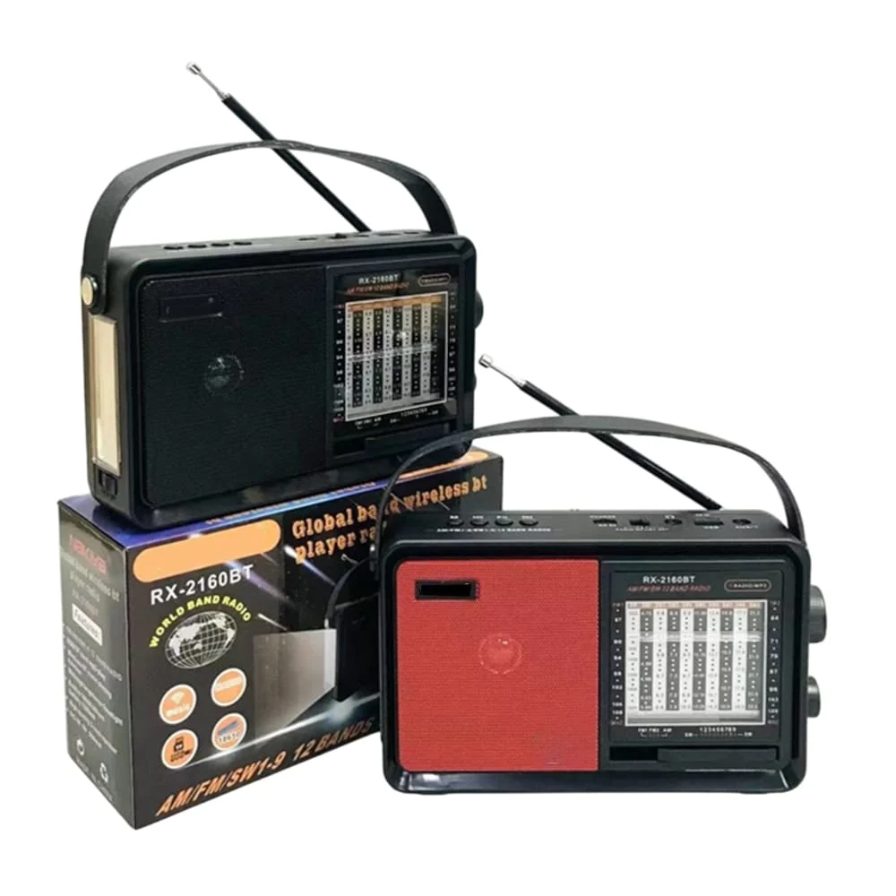 Bocina radio am/fm/sw con agarradera, lámpara linterna + entrada para usb y tf, variedad de colores / rx-2160bt