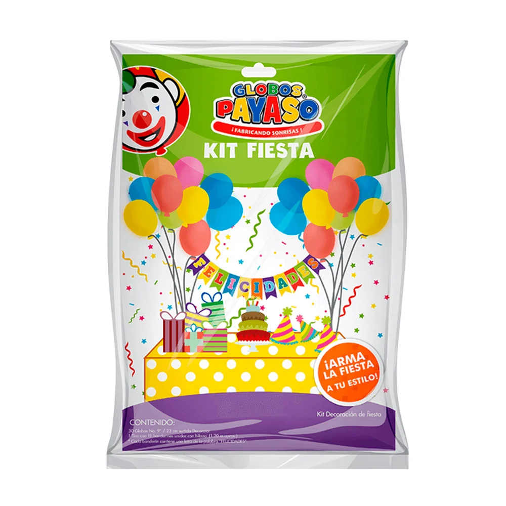 Kit fiesta de globos payaso, con 30 globos de colores y una guirnalda de felicidades / 786818