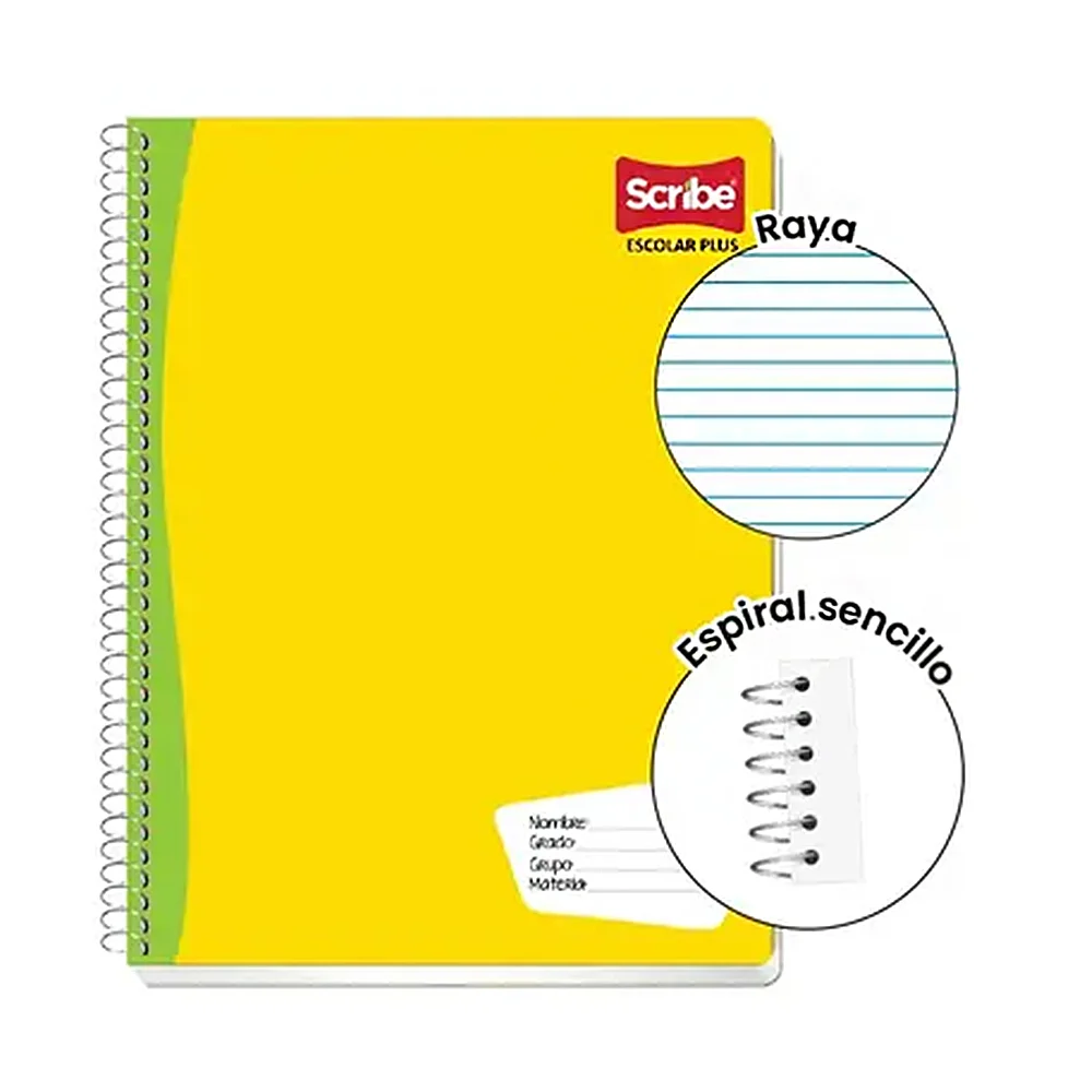 Cuaderno profesional scribe con 100 hojas en raya, espiral sencillo metálico, variedad de colores / 7970 / escolar plus / 100198-03 / 430801