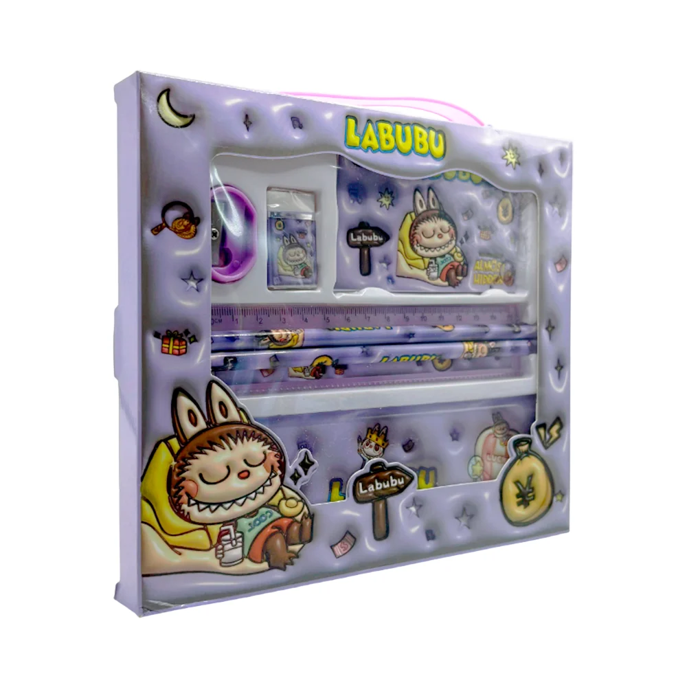 Kit de papelería con estuche metálico, 2 lápices, regla, borrador, sacapuntas y mini libreta, variedad de modelos / 285628 / labubu / 8002 / hl-wj9047