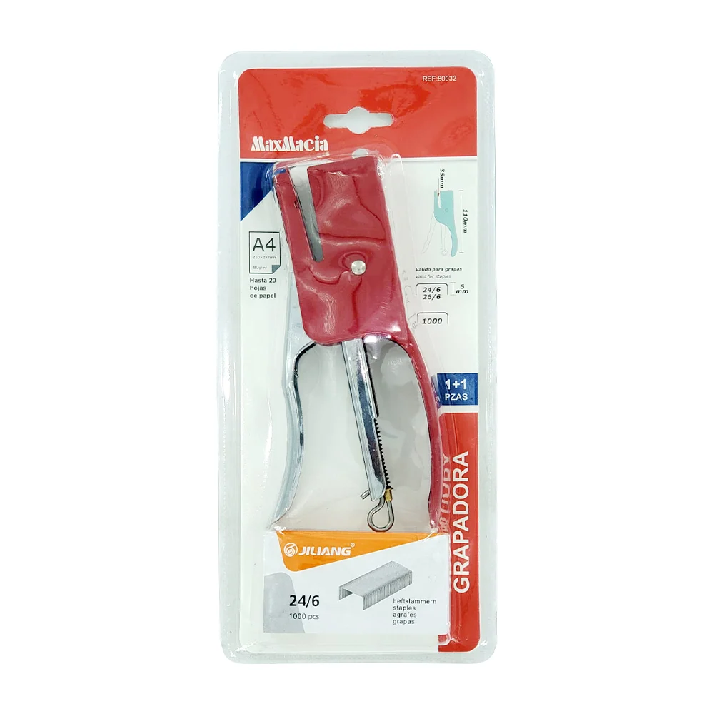 Grapadora metálica para papel con 1000 grapas, capacidad de hasta 20 hojas de papel y valido para grapas de 6mm / maxmacia / 80032