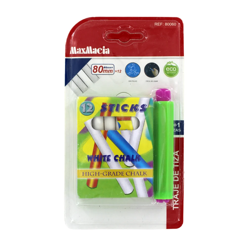 Blíster con caja de 12 gises-tizas de color blanco, 80mm + 1 porta gis-tiza / 80060