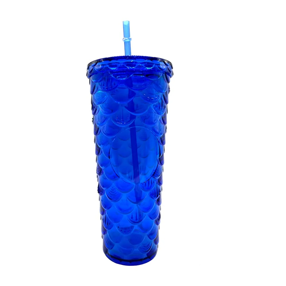 Vaso de acrílico doble pared con brillantina, diseño escamas de sirena 3d y tapadera, variedad de colores