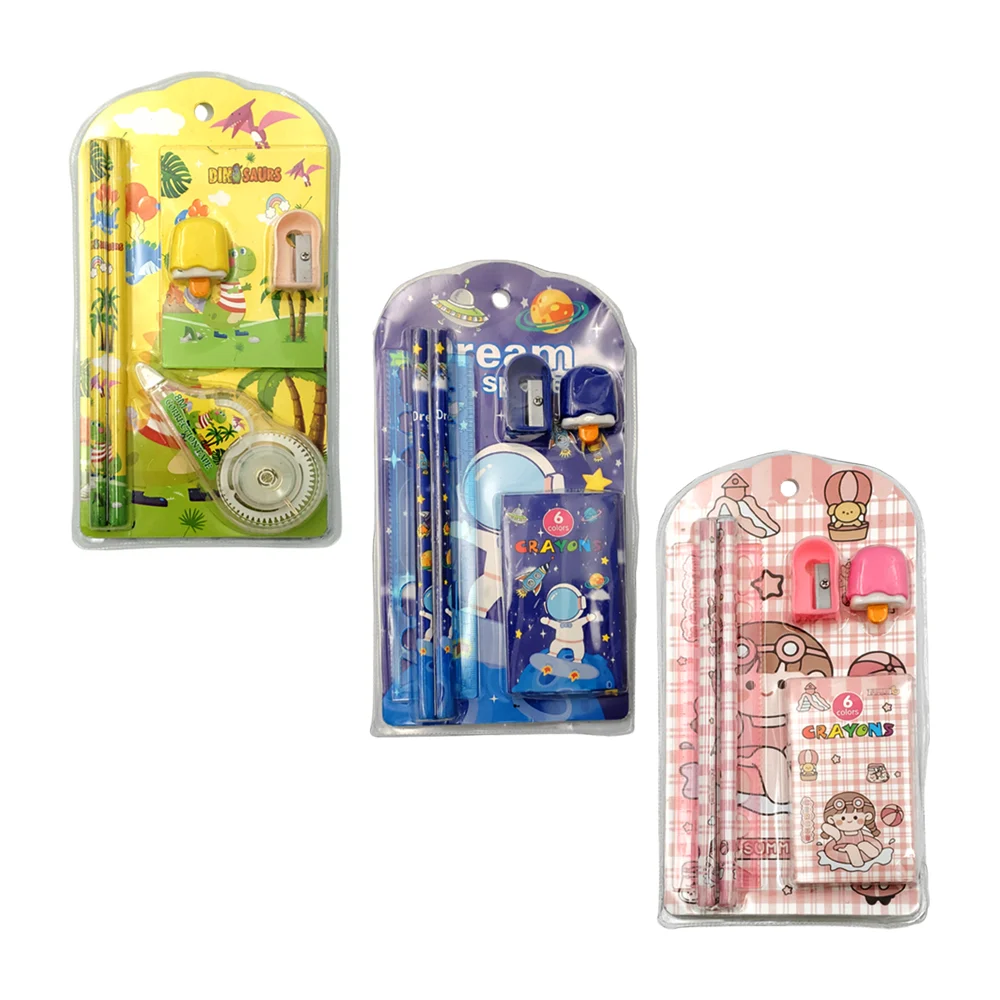 Set de papelería con 2 lápices de madera, una regla, un sacapunta, una caja con 6 mini crayones y un mini borrador con forma de paleta de helado con estampado de muñeca kawaii, variedad de modelos / 80311 / summer / circus
