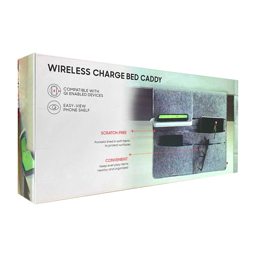 Organizador para cama con variedad de compartimentos y cargador inalámbrico para teléfono celular / wireless charge bed caddy