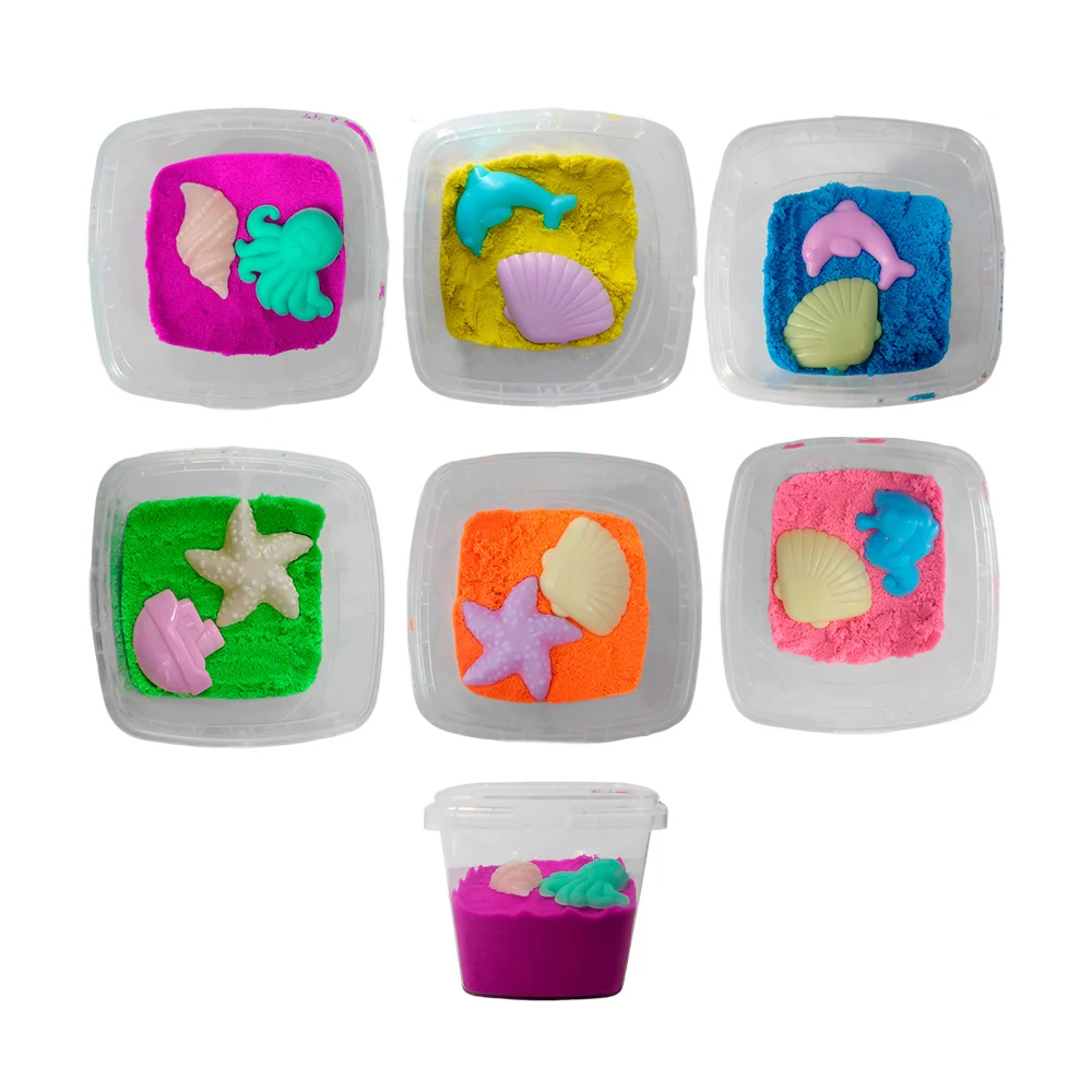 1pza Bote transparente con arena mágica para moldear + moldes, variedad de colores / 81128