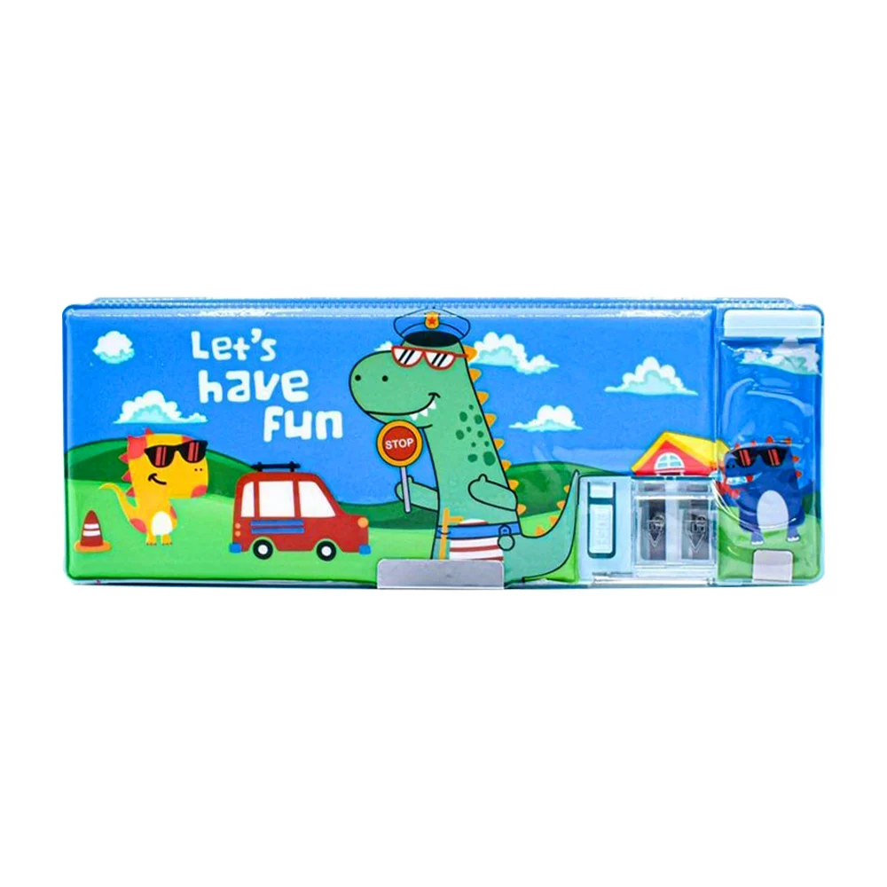 Estuche lapicera plastificada de 3 compartimentos con sacapuntas doble y diseño de dinosaurios / 8200kl