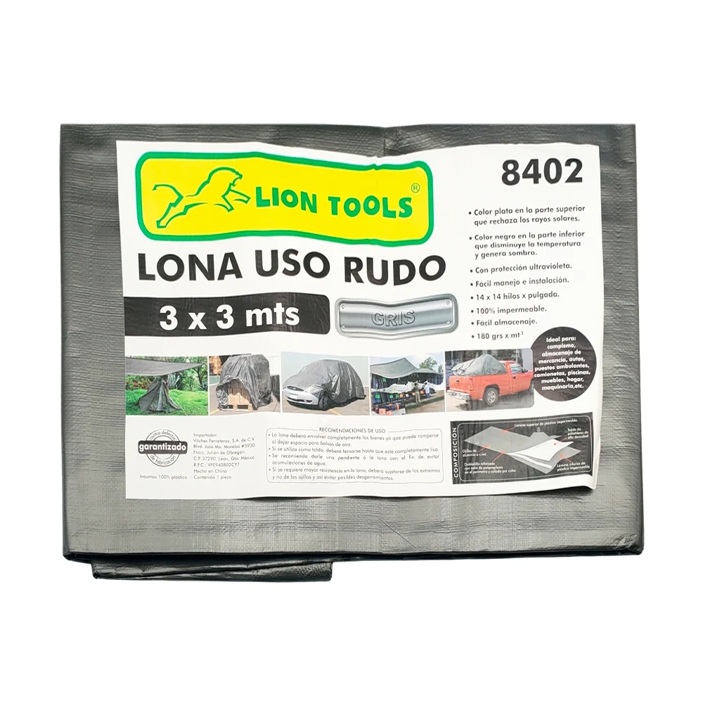 Lona impermeable lion tools de uso rudo color gris con protección ultravioleta, 3x3m / 8402
