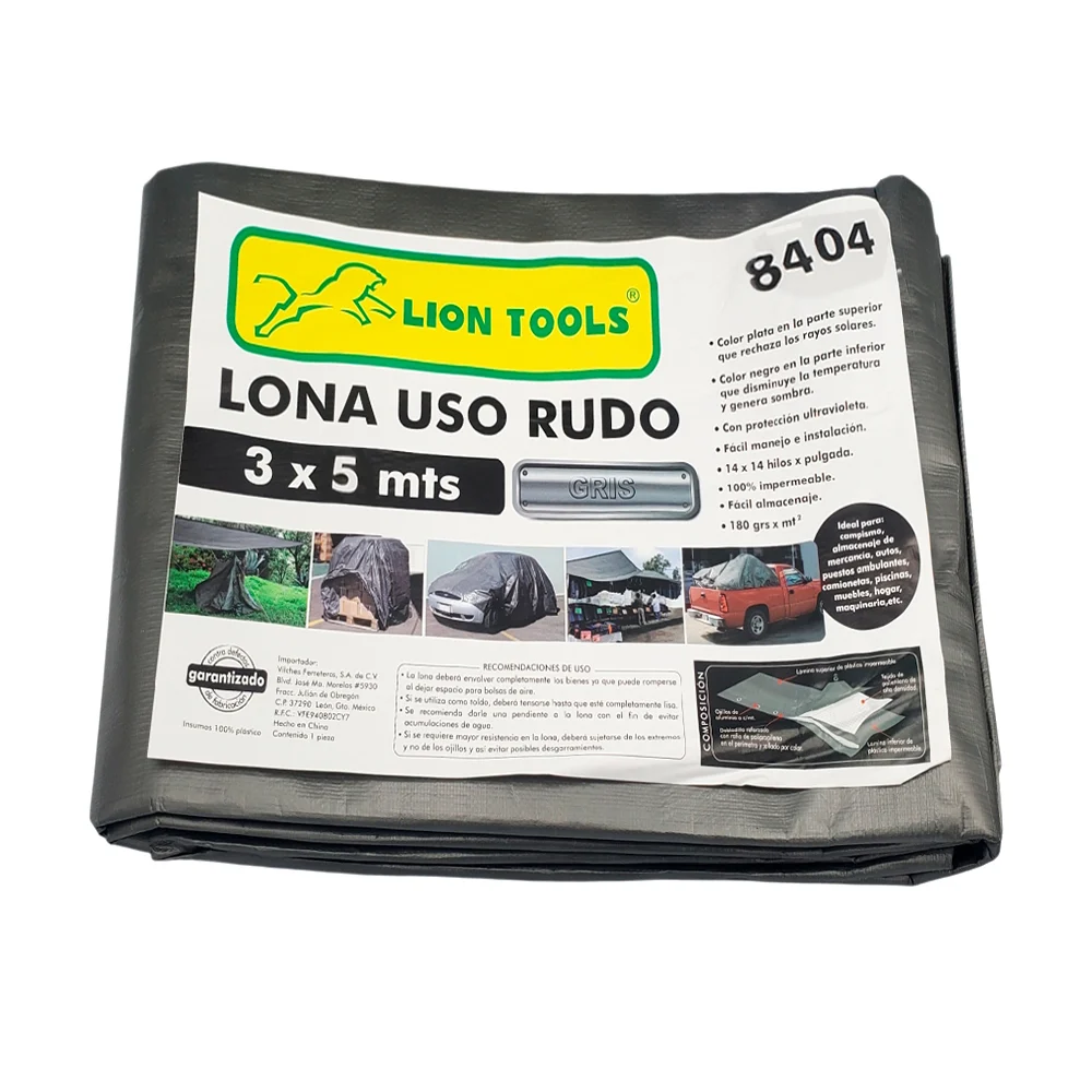 Lona impermeable lion tools de uso rudo color gris con protección ultravioleta, 3x5m / 8404