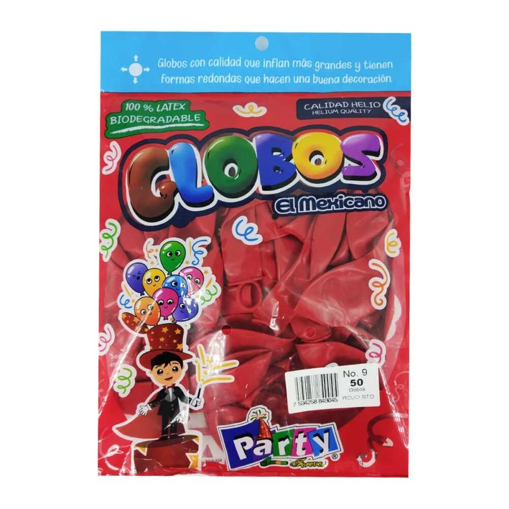 Paquete con 50 globos de látex en color rojo del no. 9 / globos el mexicano