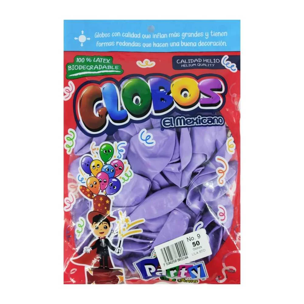 Paquete con 50 globos de látex en color lila del no. 9 / globos el mexicano