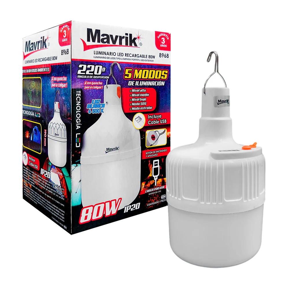 Lámpara foco led de emergencia recargable con gancho para colgar, 80w / mavrik