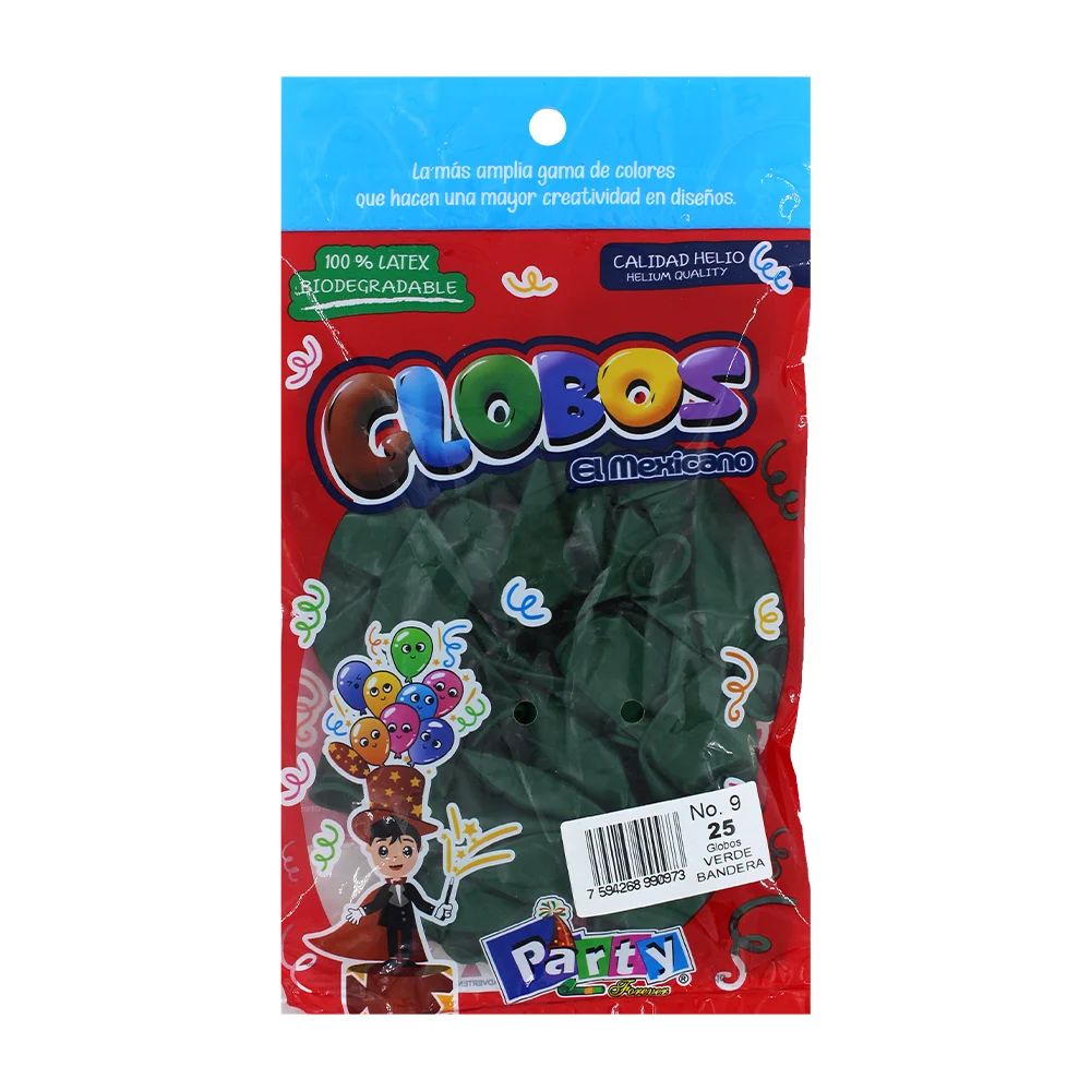 Paquete con 25 globos de látex en color verde bandera del no. 9 / globos el mexicano