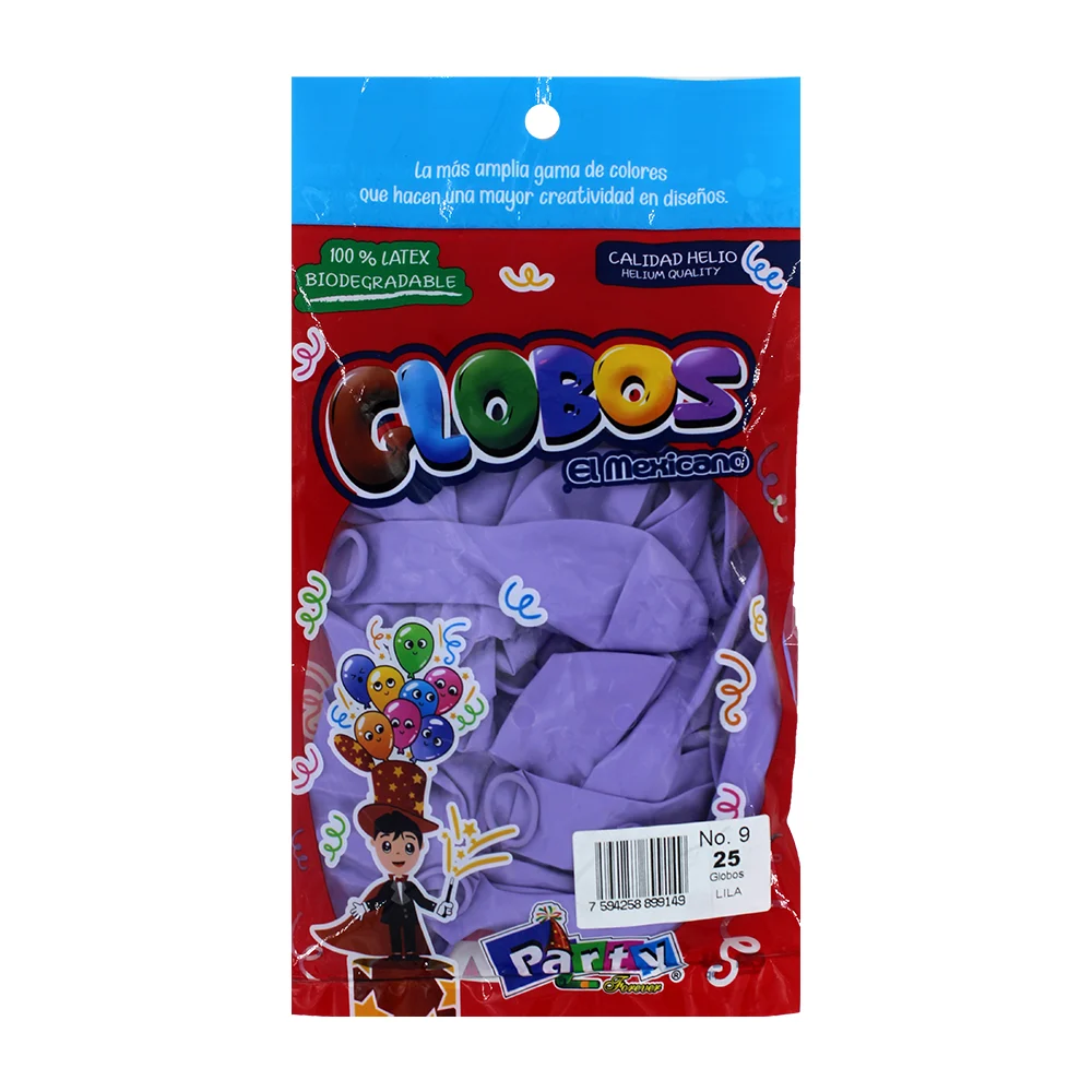 Paquete con 25 globos de látex en color lila del no. 9 / globos el mexicano