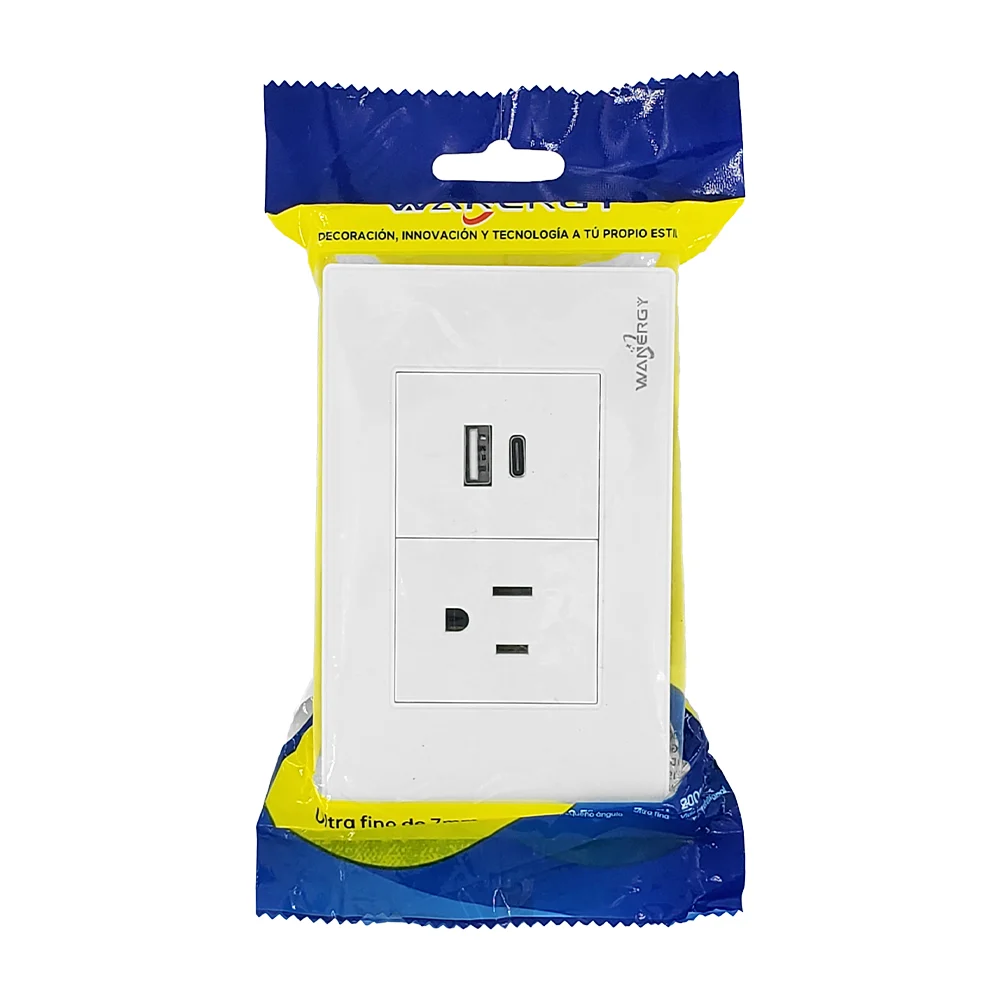 Placa enchufe de pared con contacto tomacorriente + puerto usb y tipo c / 05216