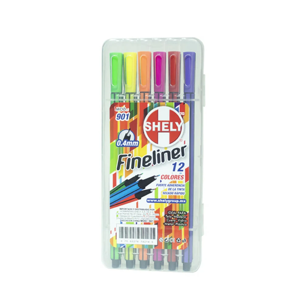 Caja con 12 plumones tipo pluma shely fineliner de colores con punta 0.4mm / 901