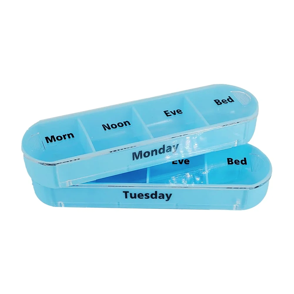 Pastillero semanal con 1 dispensador, 7 compartimentos apilables de 4 veces al día-mañana-noche y antes de acostarse, 11.5x13x4cm / 90176