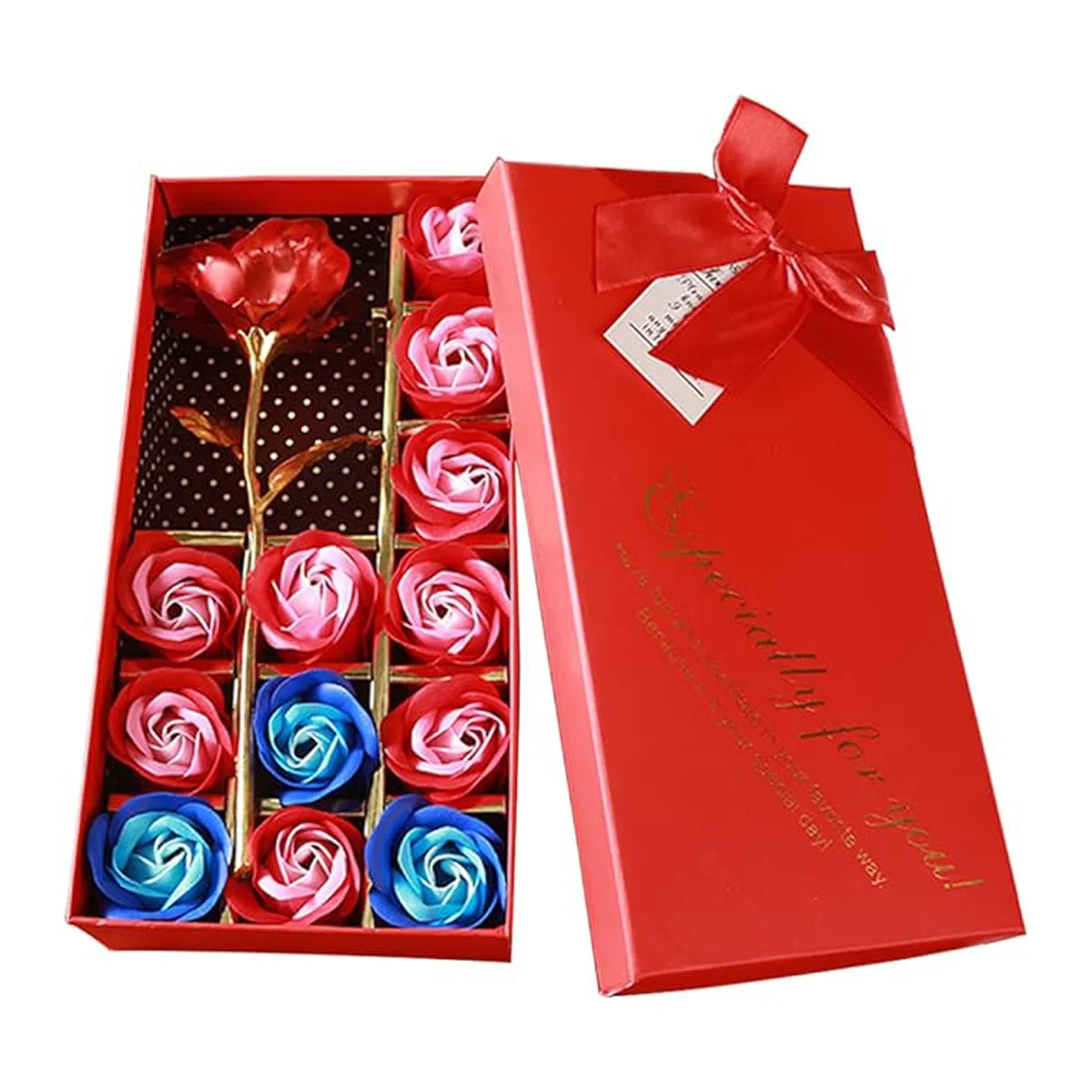 Caja de regalo rectangular con listón moño, 12 mini rosas eternas tricolor y rosa eterna dorada, variedad de colores / especially for you