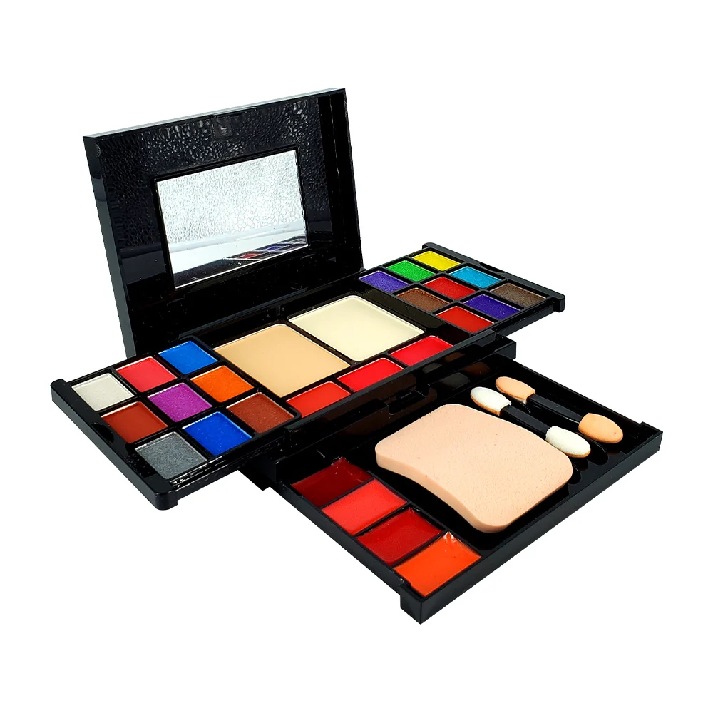 Paleta de sombras con 18 tonos de sombras, 3 tonos de rubor, 2 polvos para fijar y 4 labiales en crema, incluye esponja y aplicadores de sombra con doble punta / great eye