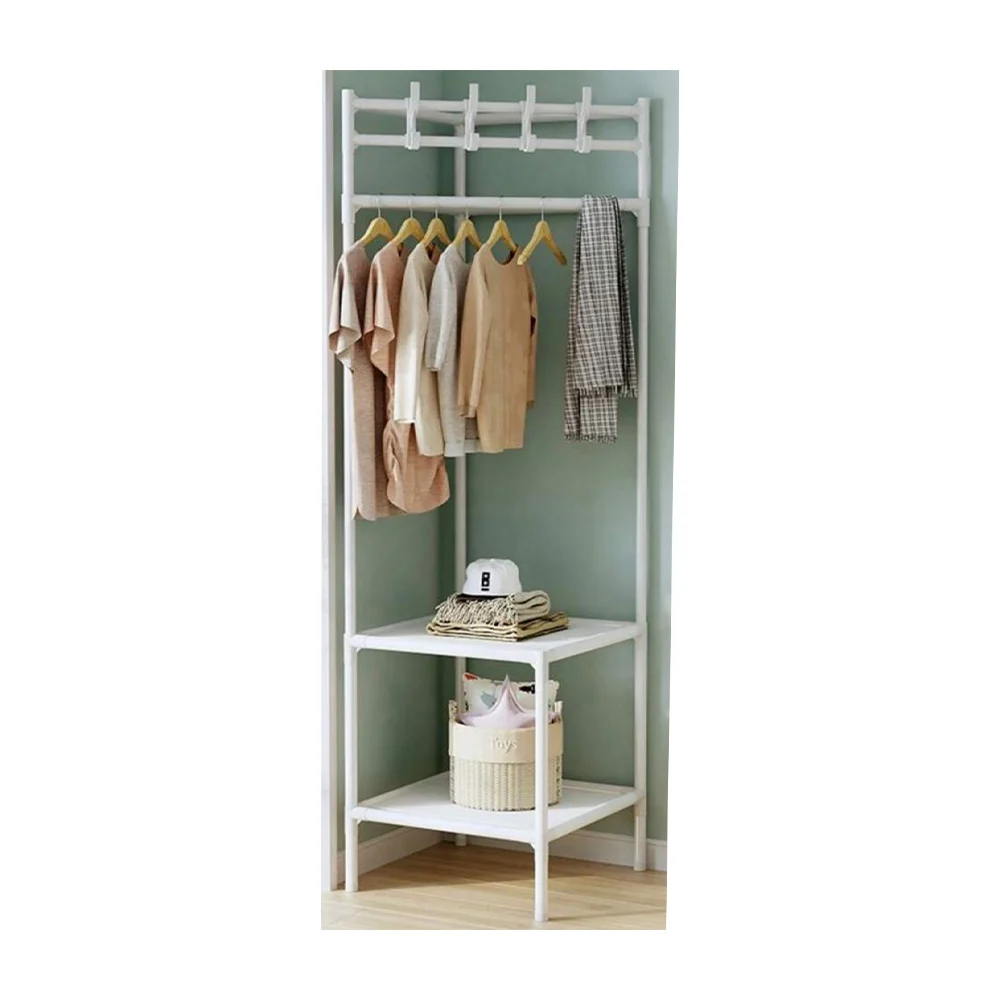 Closet organizador multifuncional con 2 niveles, tubo para colgar la ropa y 4 ganchos de apoyo, 40x188cm / corner coat rack / tm3-303 / 90307