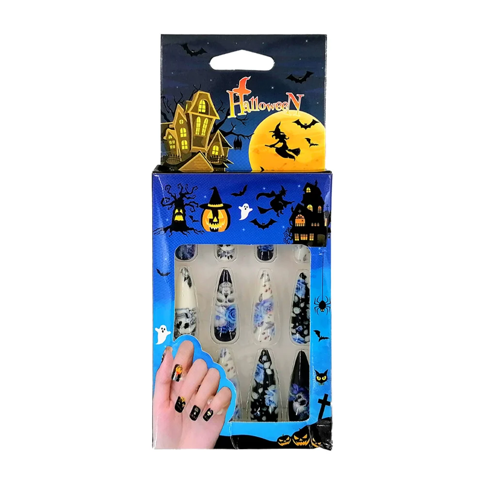 Paquete 12 uñas postizas con diseño temática de halloween, variedad de modelos / fancy nail set / yy-e44