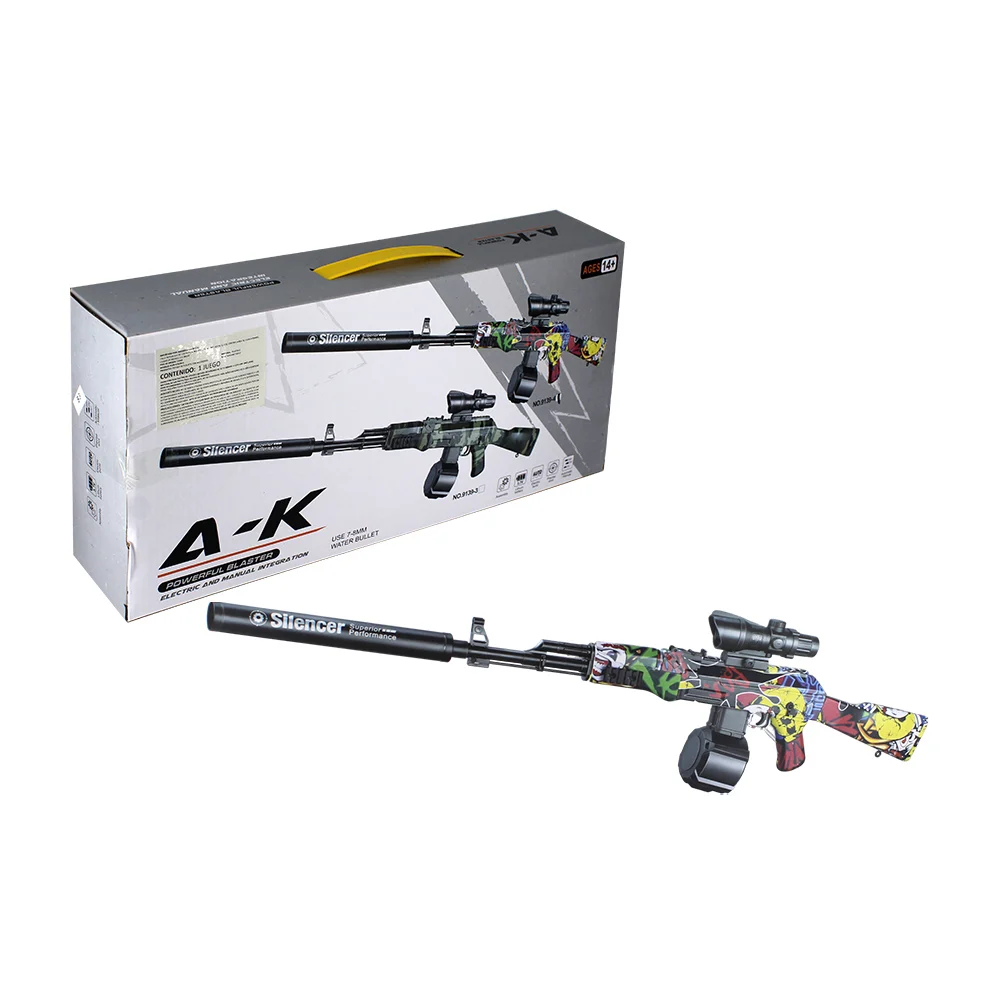 Pistola rifle de hidrogel tipo a-k manual y eléctrica con diseño de graffiti o camuflaje, silenciador y mira / 9139-4