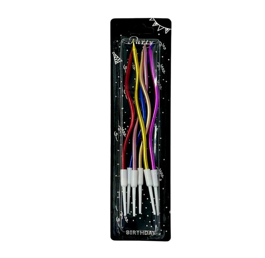 Paquete de 6 velas alargadas en espiral torcidas con base de plástico, variedad de colores metálicos / party birthday / 913902