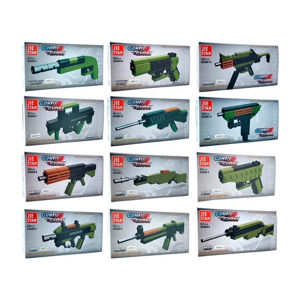 1pza Caja de mini bloques para armar con diseño de pistola rifle, variedad de modelos y piezas / gunfire glory / 92409-12