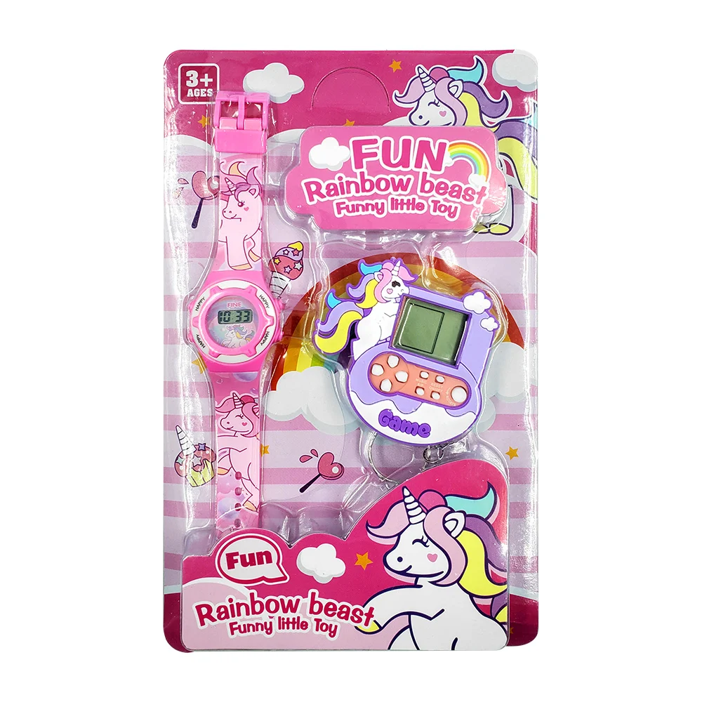 Blíster con llavero de juguete en forma de mini consola + reloj infantil con diseño animado, variedad de modelos / fun world