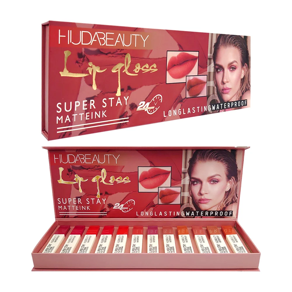 Kit de 12 brillos labiales con acabado matte a prueba de agua, variedad de colores / hudabeauty / lip gloss / 929