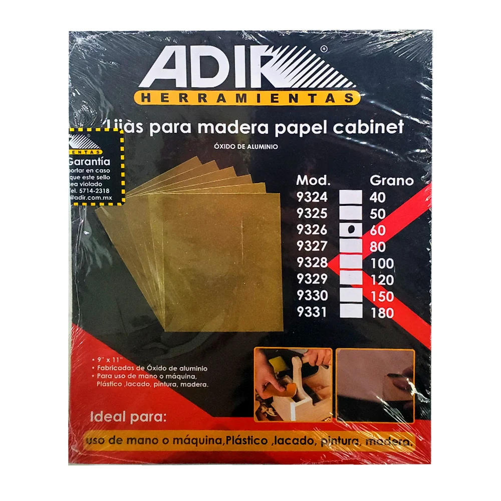 Paquete 25 lijas de papel cabinet para madera grano 60, 9x11 pulgadas / adir herramientas