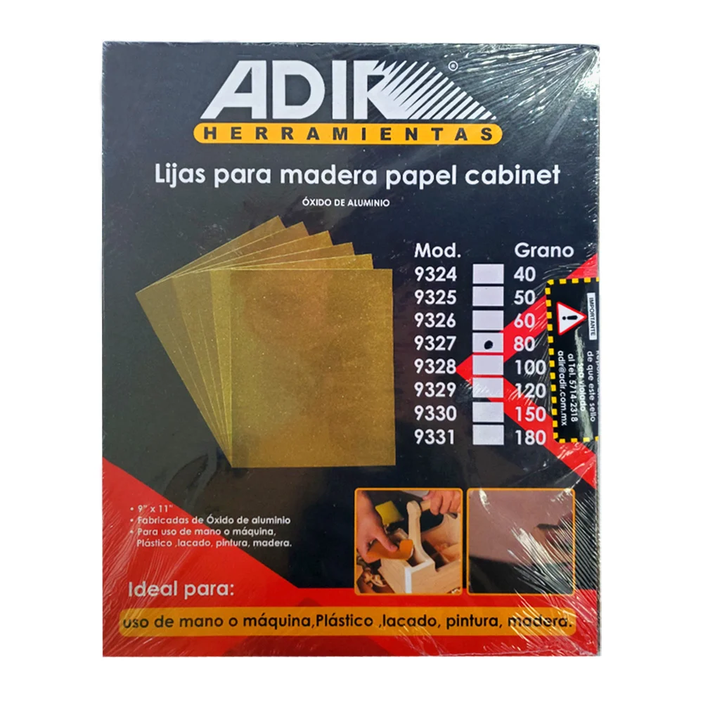 Paquete 25 lijas de papel cabinet para madera grano 80, 9x11 pulgadas / adir herramientas