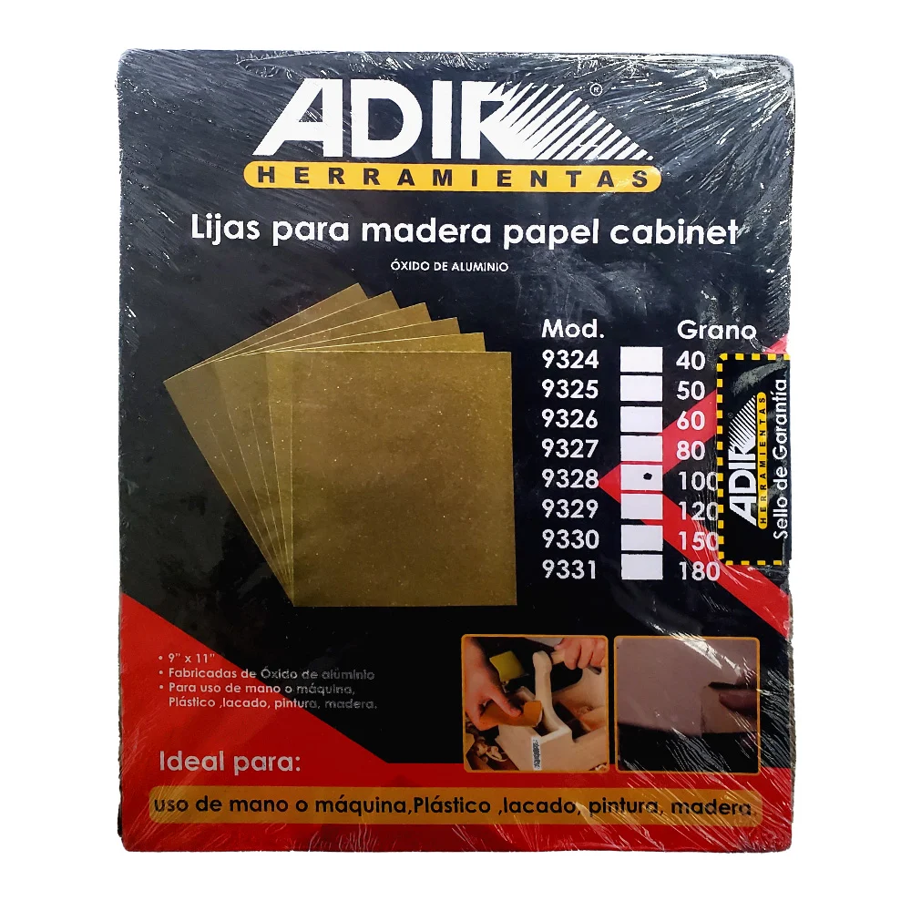 Paquete 25 lijas de papel cabinet para madera grano 100, 9x11 pulgadas / adir herramientas
