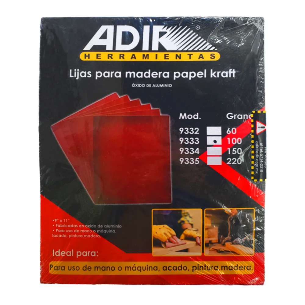 Paquete 25 lijas de papel kraft color rojo para madera grano 100, 9x11 pulgadas / adir herramientas