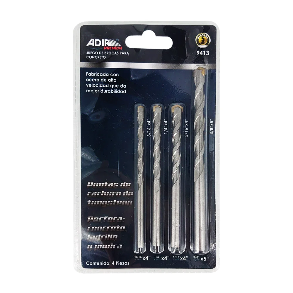 Juego 4 brocas de acero con punta de carburo tungsteno para concreto / adir premium / 9413