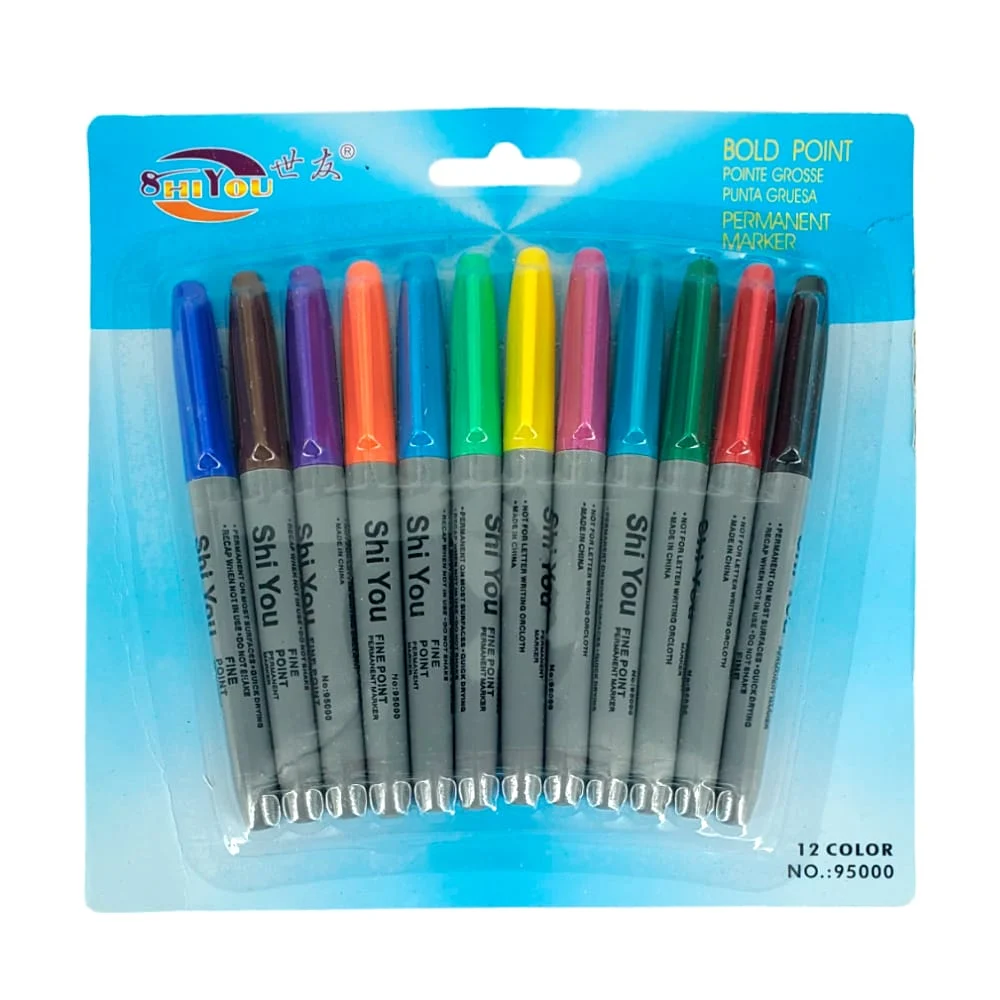 Blíster 12 marcadores plumones permanentes de colores / shi you / 95000-c / bo-43