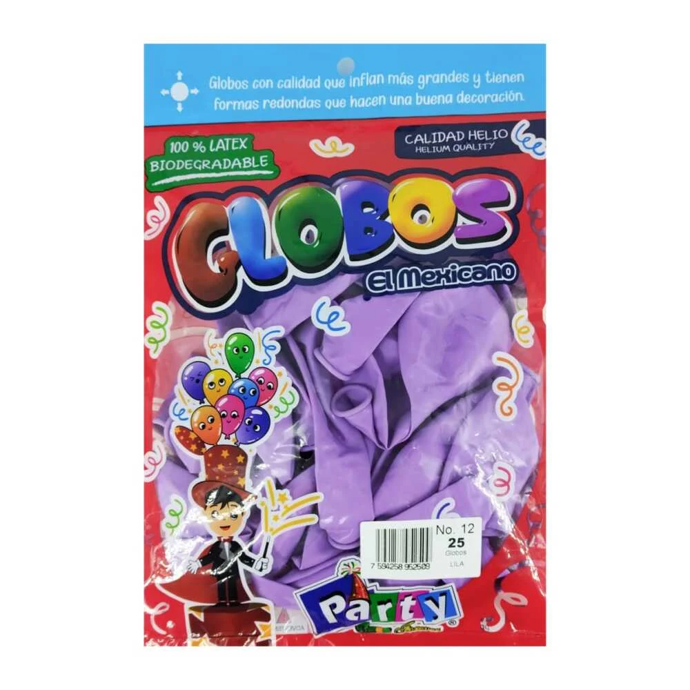 Paquete con 25 globos de látex en color lila del no. 12 / globos el mexicano