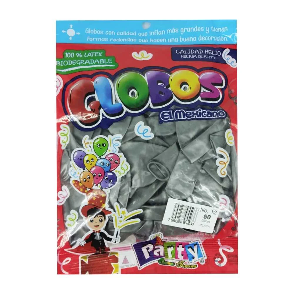 Paquete con 50 globos de látex metálicos en color plata del no. 12 / globos el mexicano