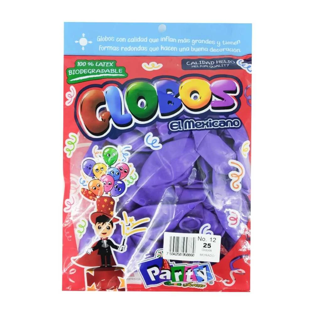Paquete con 25 globos de látex en color morado del no. 12 / globos el mexicano