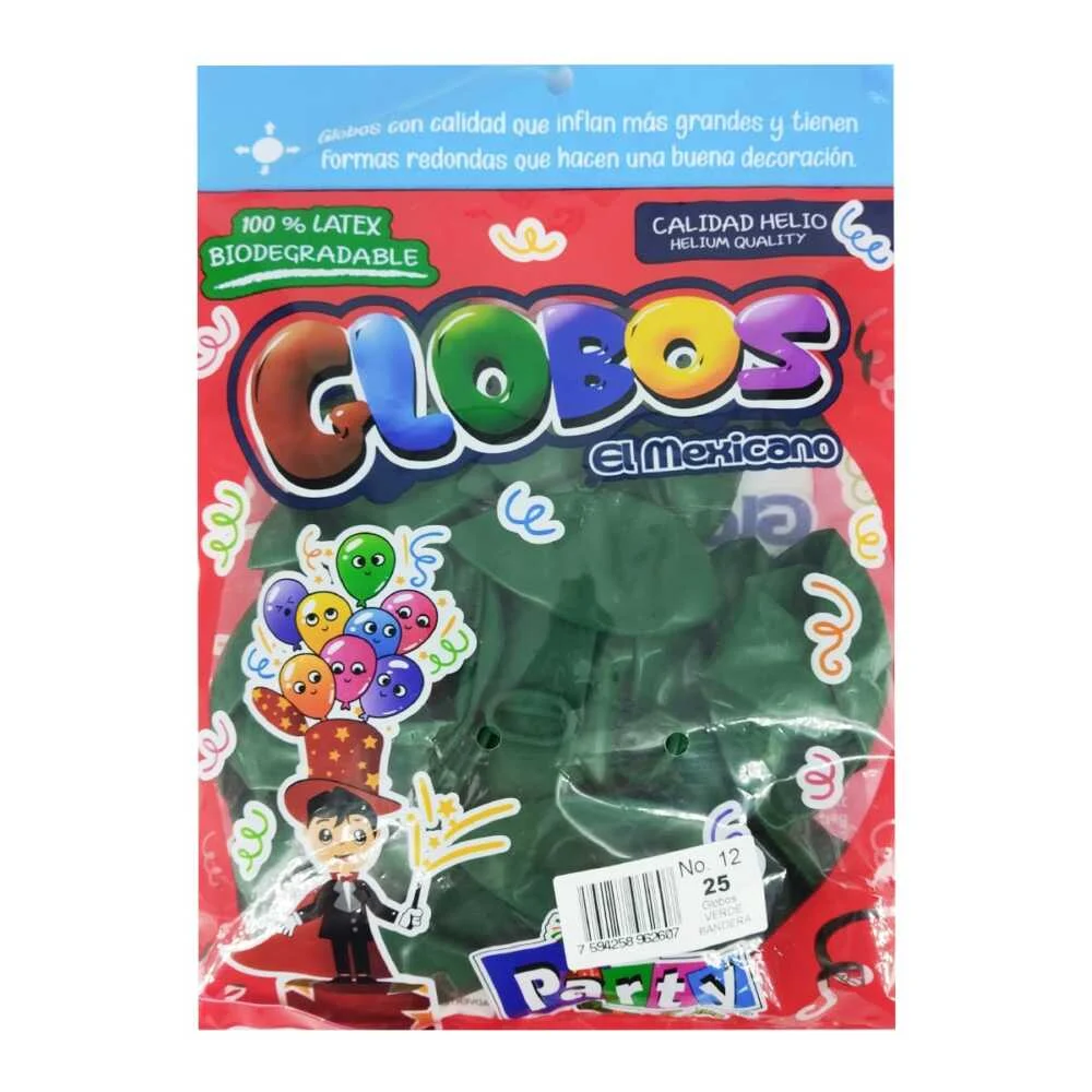 Paquete con 25 globos de látex en color verde bandera del no. 12 / globos el mexicano