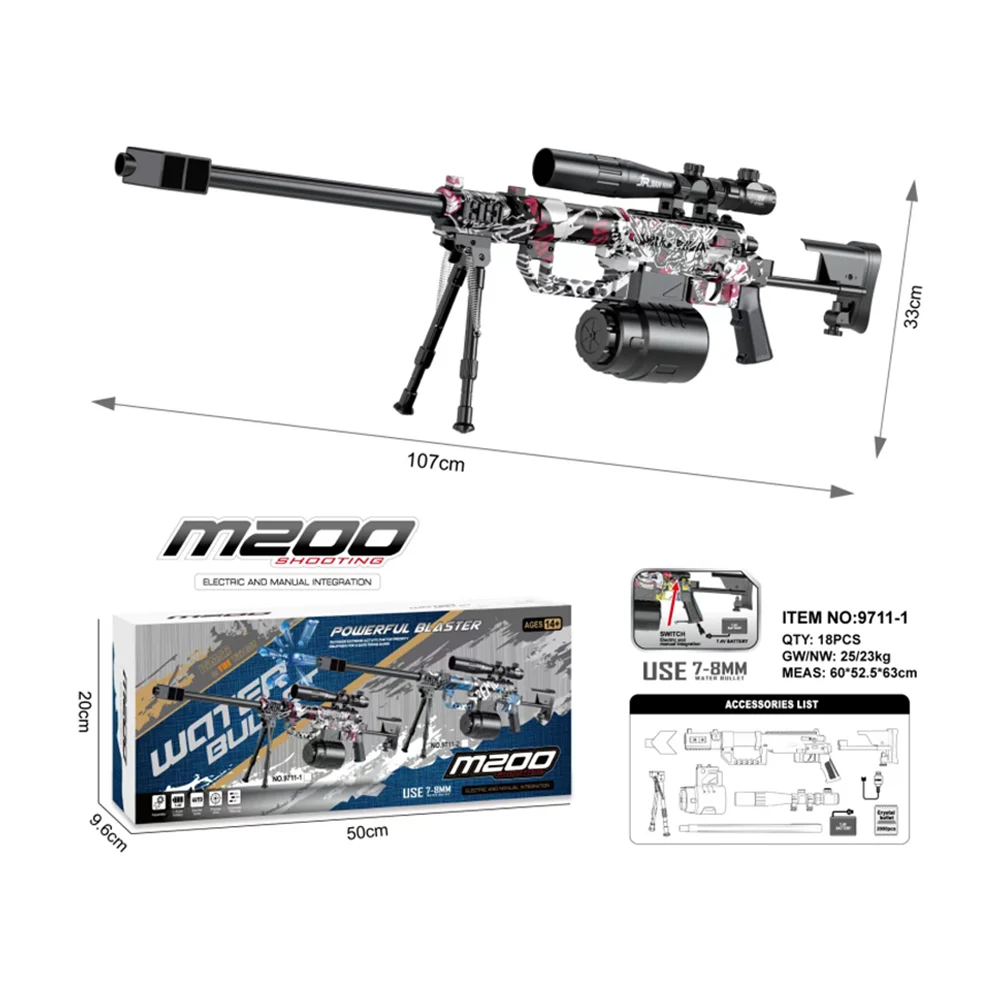 Pistola tipo rifle francotirador de hidrogel con accesorios y diseño de grafiti / m200 / 9711-1