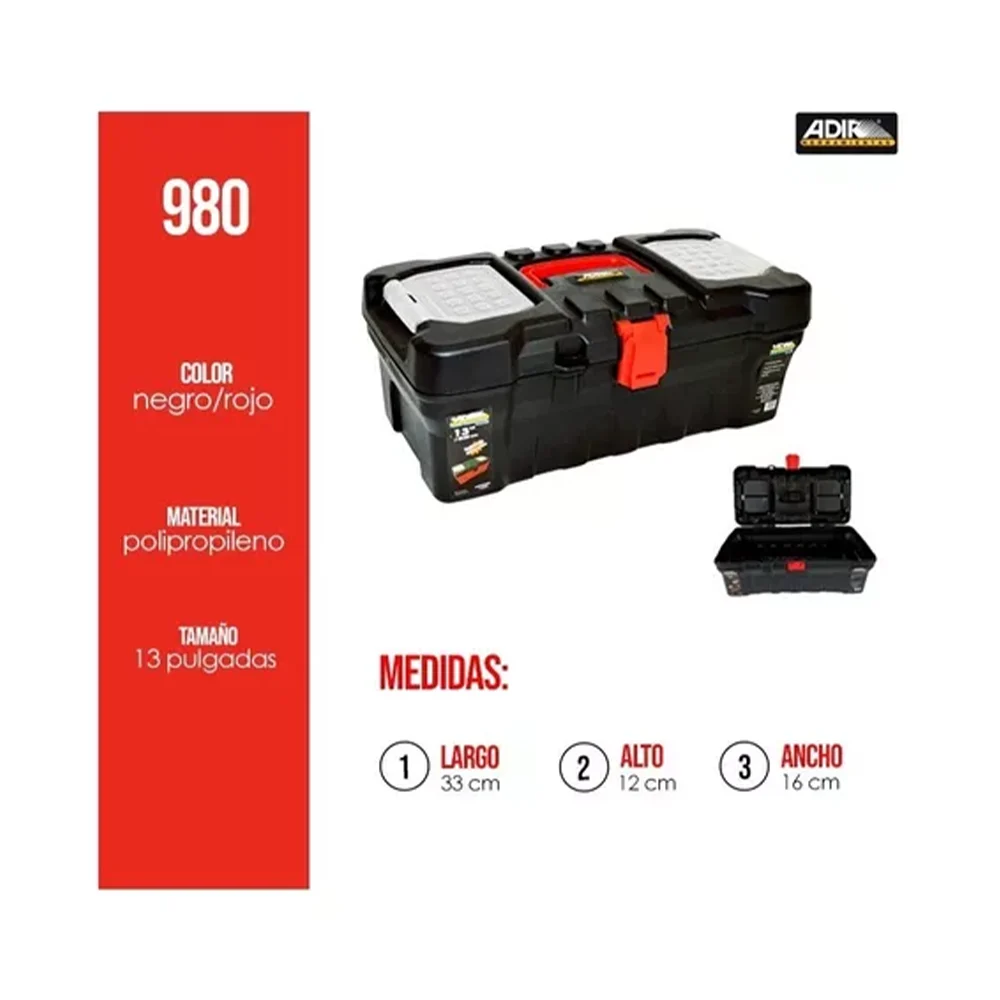 Caja de 13 pulgadas con 3 compartimentos organizadores y broche de plástico para herramientas / adir